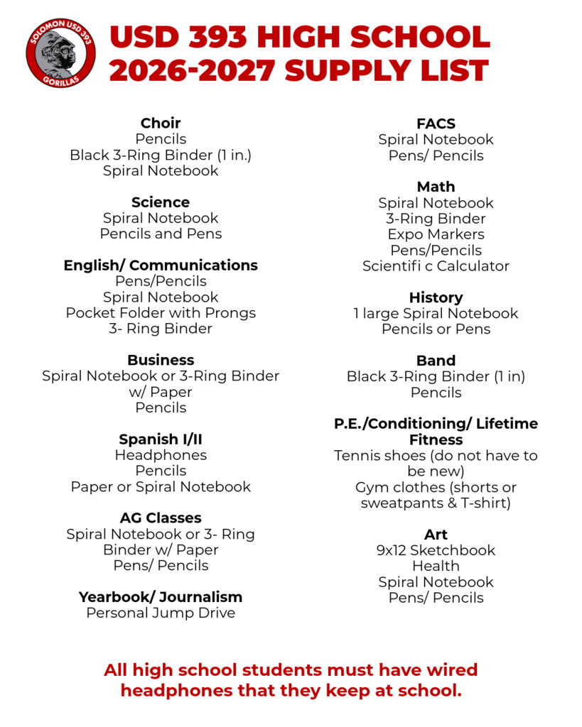 2026-27 High School Supply List