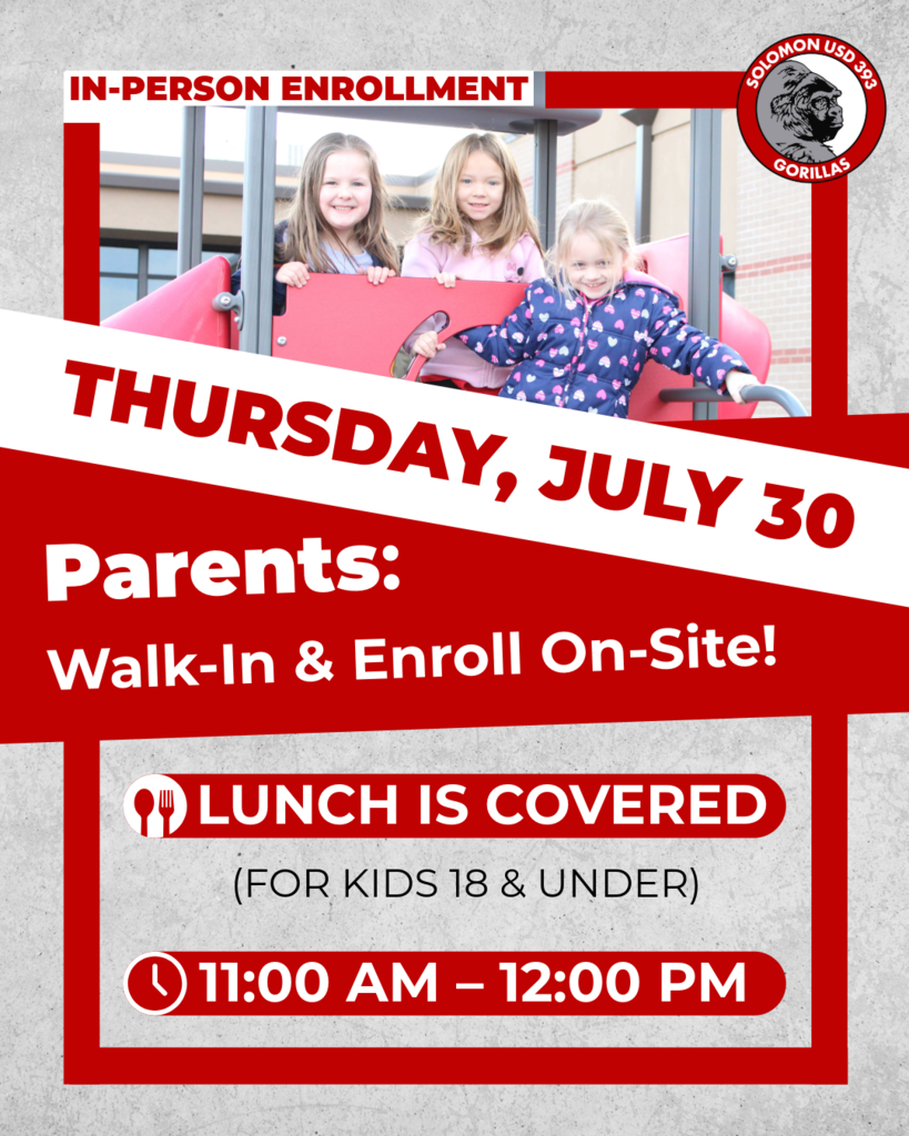 Enrollment day post for July 30th from 10am-7pm at solomon high school