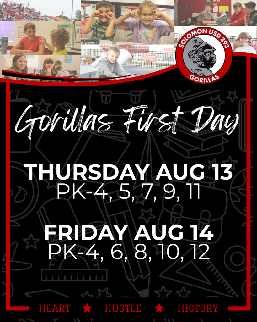 Gorillas first day of school outlining that odd grades start Aug 13 and even grades start Aug 14