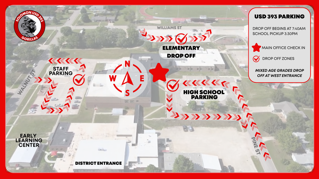 aerial view of solomon school map with guides notating where to drop of students for their grade level