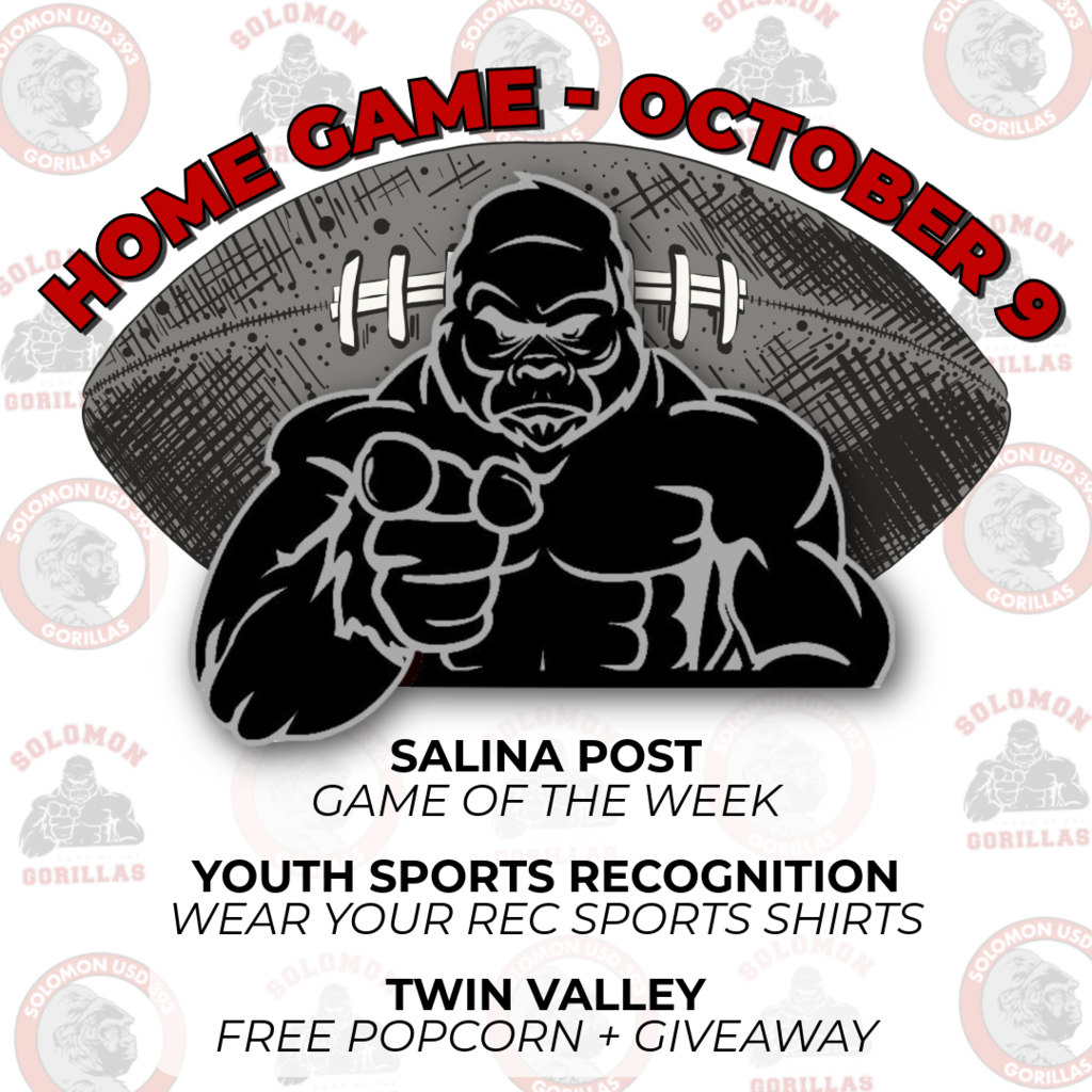 home game october 9 annoucing salina post game of the week, youth sports recognition, and twin valley vendor booth with free popcorn and giveaway