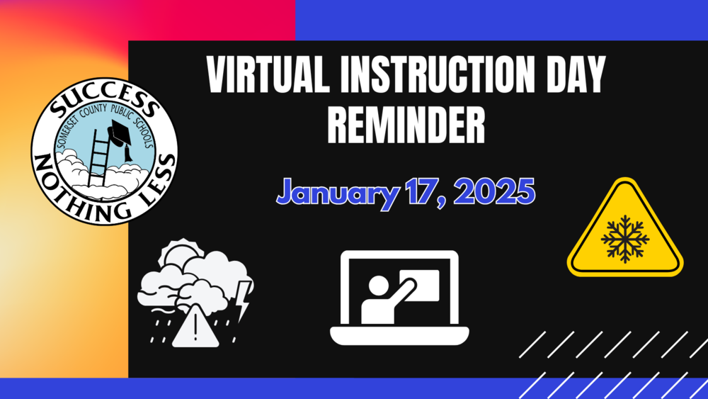 Virtual Instruction Day Reminder, Jan. 17, 2025 with images of weather and virtual learning 