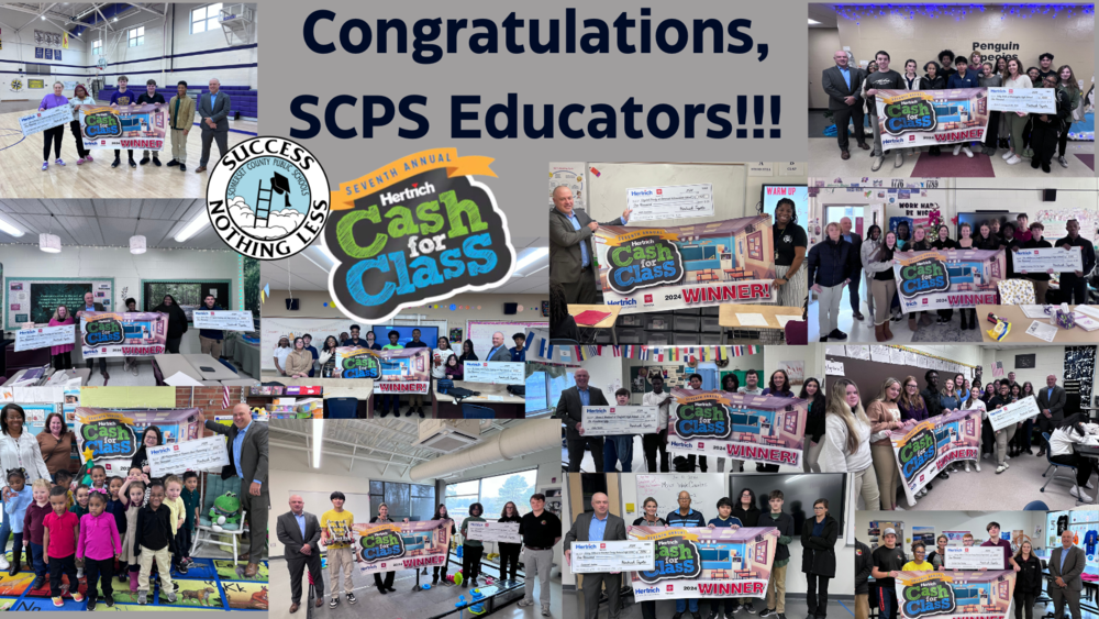 photos of cash for class winners and text that reads "congratulations scps educators"