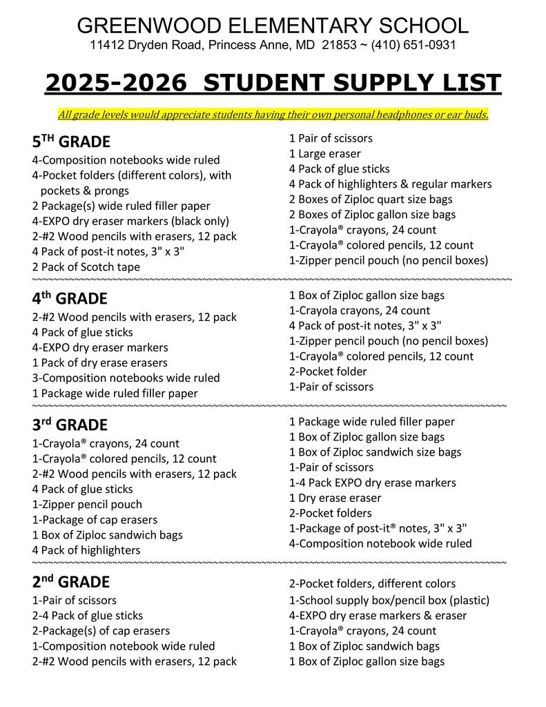 school supply list 25-26