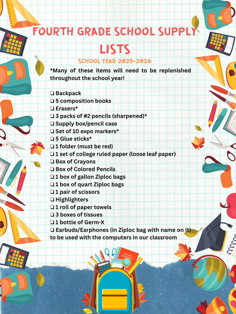 4th grade supply list