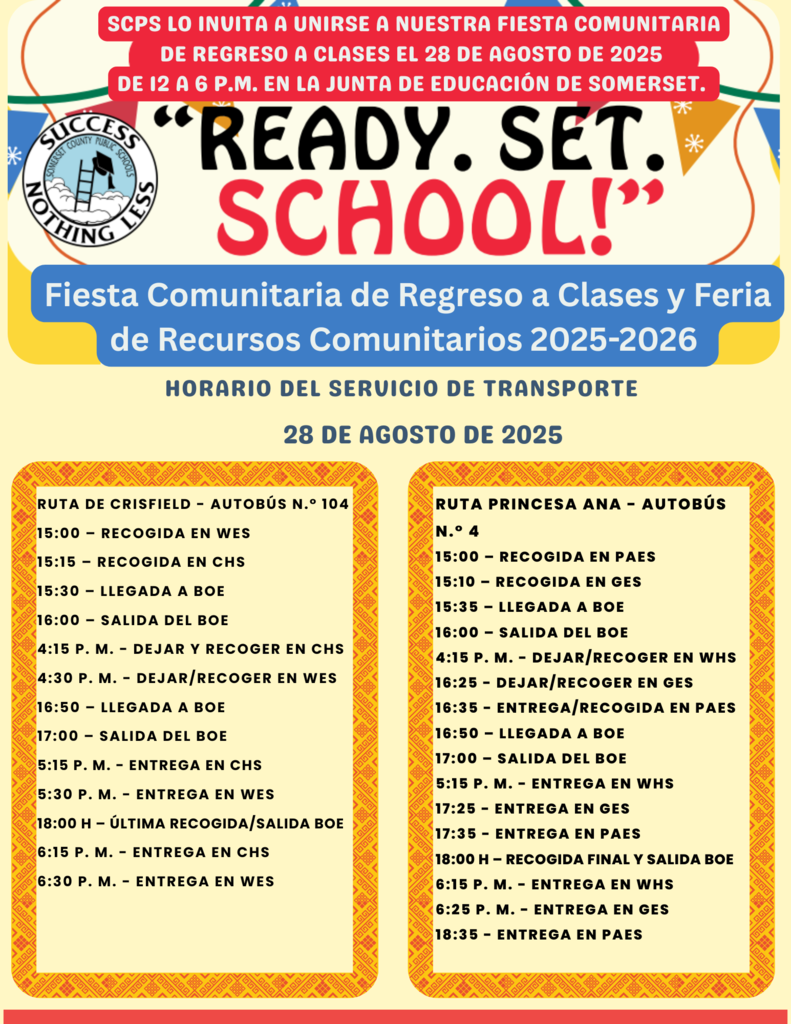 🎒✨ Ready. Set. SCHOOL! ✨🎒 Join us for our Back to School Block Party this Thursday, August 28 from 12–6 PM at the Somerset BOE! 🎉 🍔 Free BBQ lunch, 🎶 music, 🎪 vendors & family fun—all while our schools host Open Houses (2:30–6 PM). 🚍 Shuttle buses will run from PAES, GES, WHS, CHS & WES Open Houses to the Block Party. 📍 Somerset Board of Education — don’t miss it!