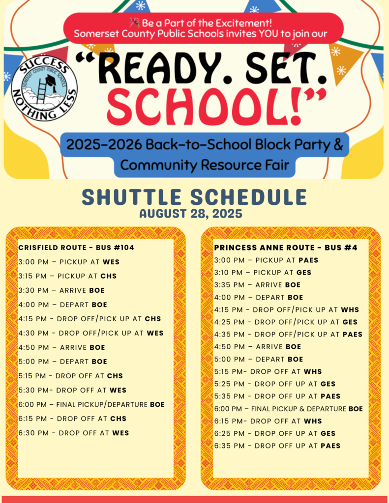 🎒✨ Ready. Set. SCHOOL! ✨🎒 Join us for our Back to School Block Party this Thursday, August 28 from 12–6 PM at the Somerset BOE! 🎉 🍔 Free BBQ lunch, 🎶 music, 🎪 vendors & family fun—all while our schools host Open Houses (2:30–6 PM). 🚍 Shuttle buses will run from PAES, GES, WHS, CHS & WES Open Houses to the Block Party. 📍 Somerset Board of Education — don’t miss it!