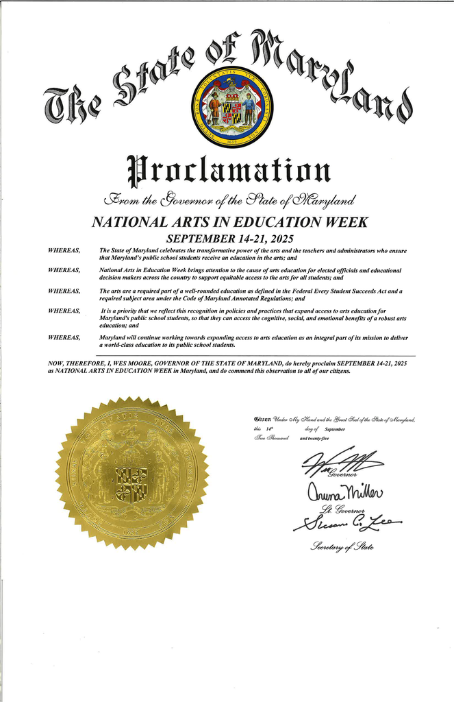 🎨✨ Governor Wes Moore has officially proclaimed September 14–21, 2025 as National Arts in Education Week in Maryland!  This week celebrates the transformative power of the arts in our schools — building creativity, confidence, critical thinking, and community. Arts education isn’t a luxury — it’s an essential part of a well-rounded education and a fundamental right for every student.  Maryland is proud to champion equitable access to music, visual arts, dance, and theatre programs across our schools, uplifting student voices and preparing them for success in school, career, and life.  Let’s honor the educators, students, and communities who keep the arts alive and thriving! 💡🎶🎭🖌️  #ArtsEdWeek #ArtsInEducation #MDPublicSchools