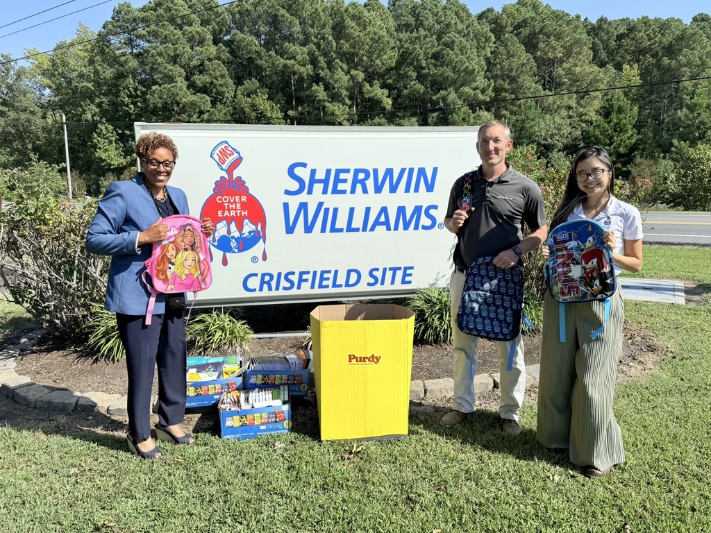 🎨🖍️ Thank you, Sherwin-Williams of Crisfield!  We’re so grateful to our friends at Sherwin-Williams in Crisfield for holding a school supply drive to support Somerset County students. Your generosity helps ensure our students have the tools they need for a great school year!  📸 Pictured: Superintendent Dr. Ava Tasker-Mitchell with Ava Le and Matthew Kern of Sherwin-Williams Crisfield.  #ThankYou #CommunityPartners #SmallButMighty #SomersetProud