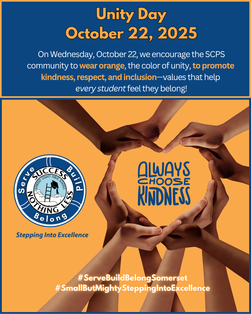 🧡 Wear ORANGE for Unity Day – Wednesday, October 22, 2025! 🧡 Tomorrow, SCPS students and staff are encouraged to wear orange to show that we’re all part of one caring, connected community! Unity Day is about standing together to promote kindness, respect, and inclusion—values that help every student feel they belong. When we all wear orange, we send a powerful message that our schools are places where everyone matters. So grab your brightest orange shirt and join SCPS in celebrating the power of coming together! #UnityDay #SCPSproud #SmallButMighty