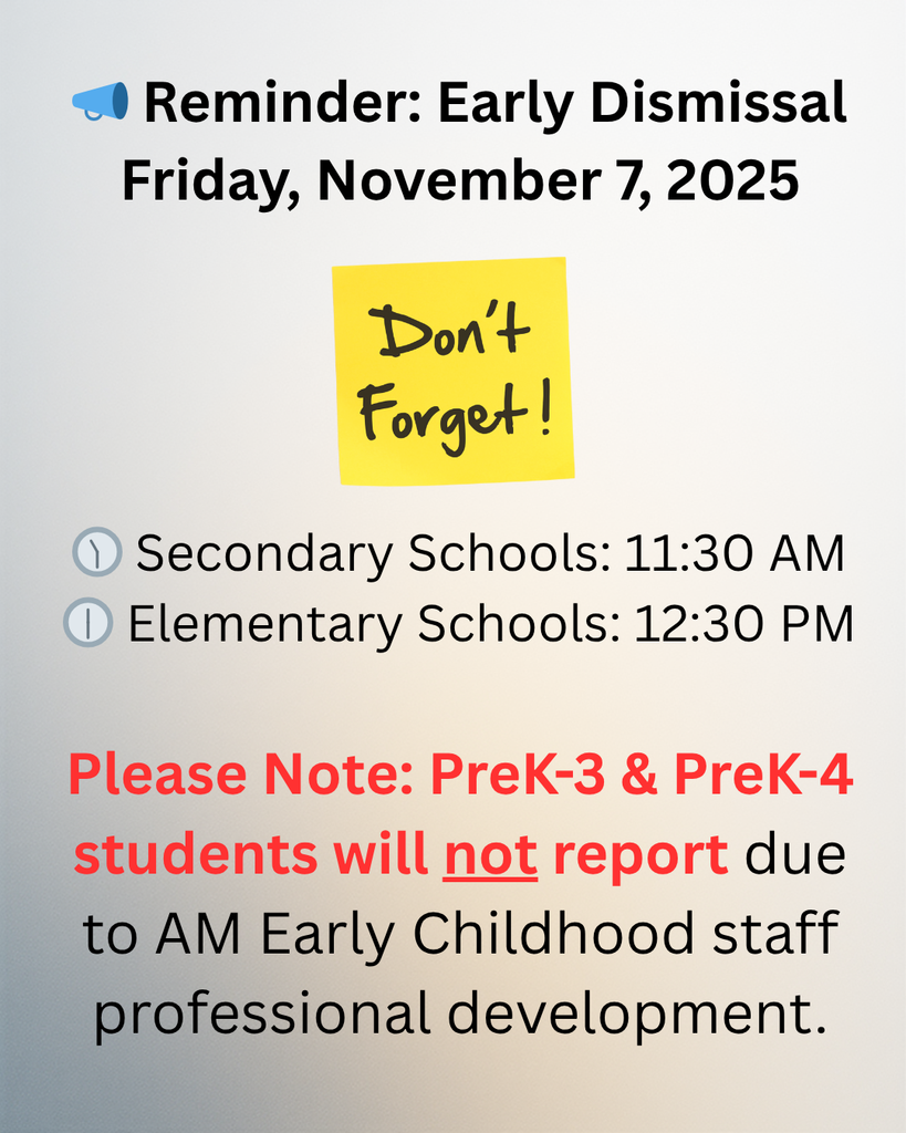 📣 Reminder: Early Dismissal – Friday, November 7, 2025 Somerset County Public Schools will dismiss early on Friday, November 7, 2025: 🕦 Secondary Schools: 11:30 AM 🕧 Elementary Schools: 12:30 PM Special Note: PreK-3 and PreK-4 students will not report on this day due to Early Childhood staff professional development.