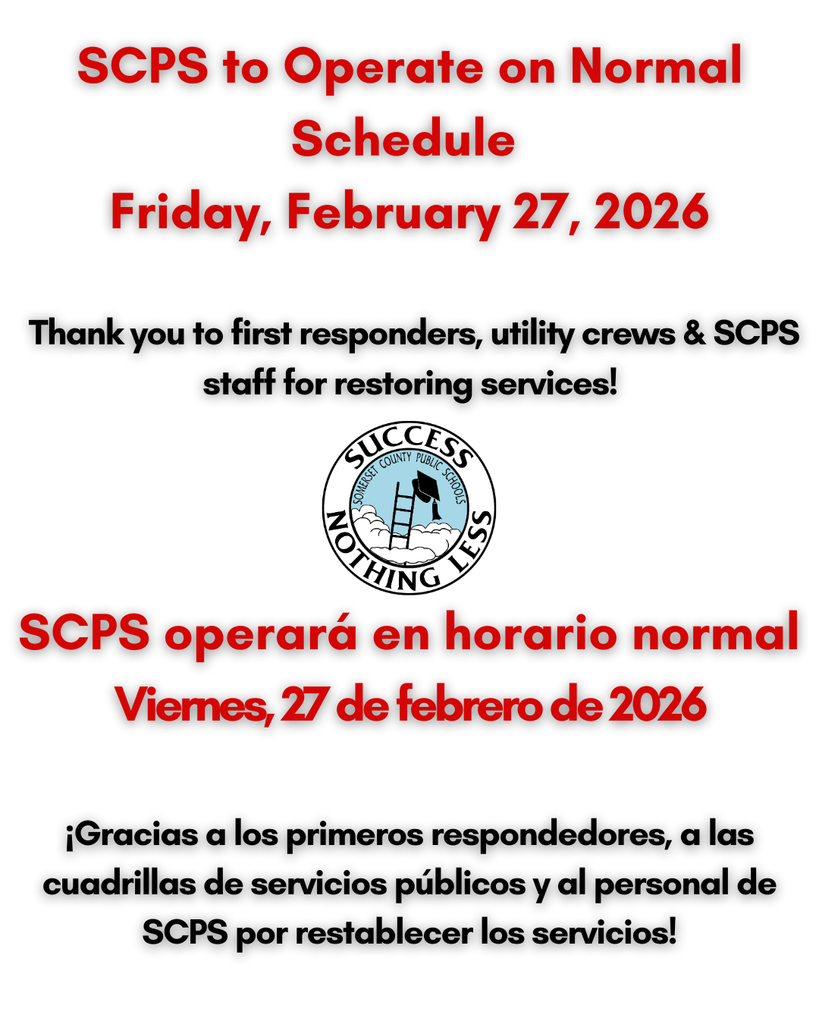 SCPS will operate on a normal schedule Friday Feb. 27, 2026. Thank you to first responders, utility crews and SCPS staff for restoring services!