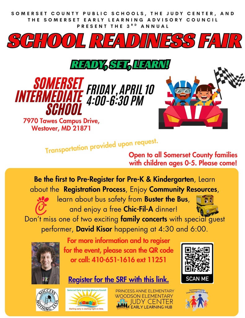 Somerset County Public Schools, the Judy Center, and the Somerset Early Learning Advisory Council are excited to present the 3rd Annual School Readiness Fair! Join us at Somerset Intermediate School on Friday, April 10, from 4:00–6:30 PM for an evening of fun for the whole family. Families will have the opportunity to begin the Pre-K registration process and connect with valuable early learning resources. We hope you’ll join us! Register here: https://forms.gle/TSWbwZ3TShagbgbZ9
