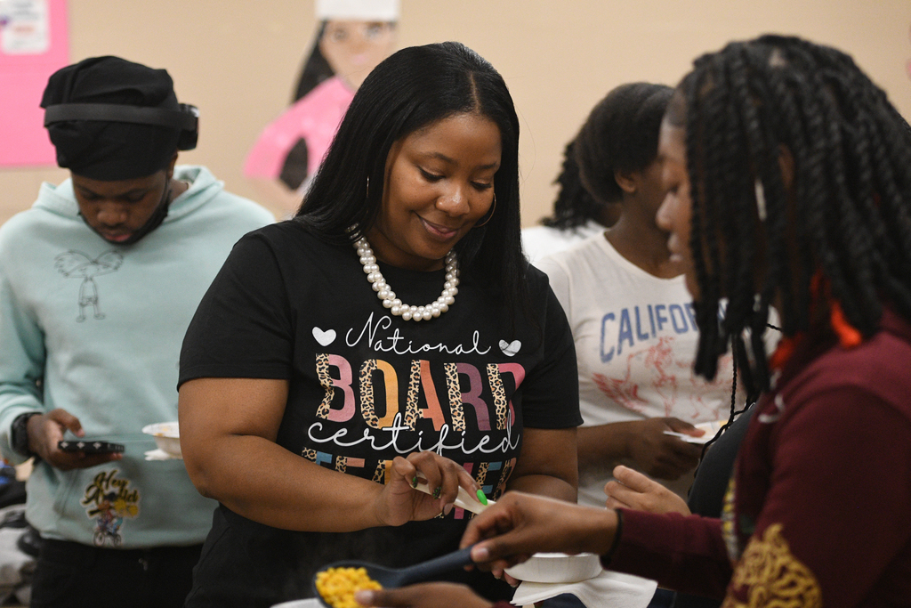Images of Washington Academy & High School's 2026-2027 Somerset Teacher of the Year Candidate, Ms. Myresha Bevins and classroom of students.