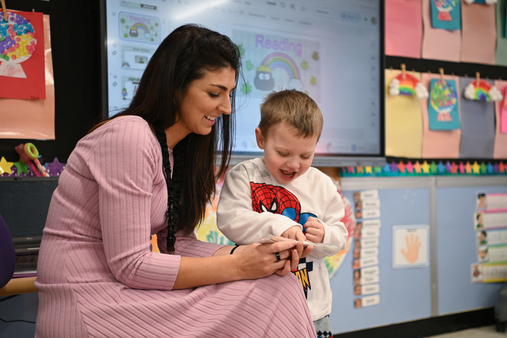 Classroom photos of Paige Stevens, Deal Island Elementary Teacher of the Year and students .