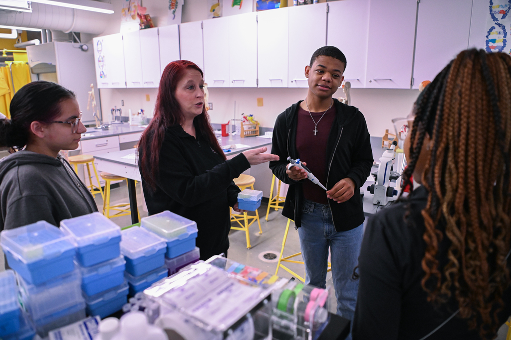 Classroom images of Somerset County Technical High School Teacher of the Year, Angelisa Hosfield, with students.