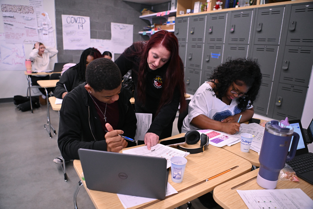 Classroom images of Somerset County Technical High School Teacher of the Year, Angelisa Hosfield, with students.