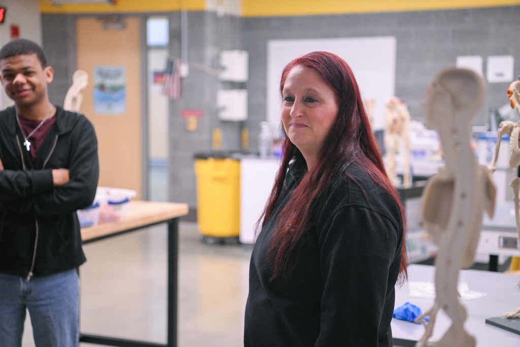 Classroom images of Somerset County Technical High School Teacher of the Year, Angelisa Hosfield, with students.