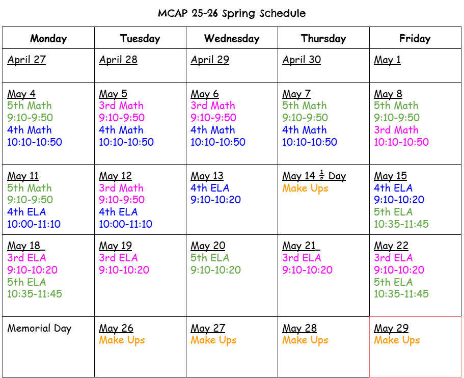 GES MCAP Testing Schedule 3rd -5th Grades 