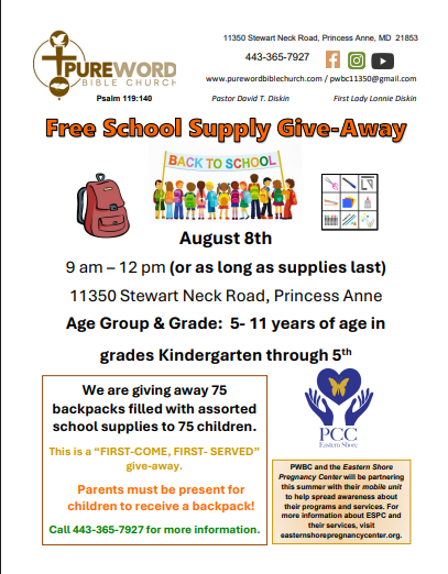 flyer of free school supply give away August 8 9-12 Pure Word Bible Church