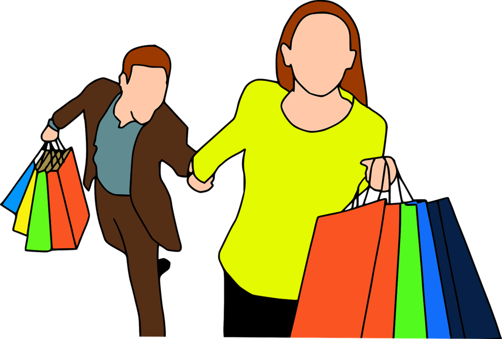 lady and man running with shopping bags