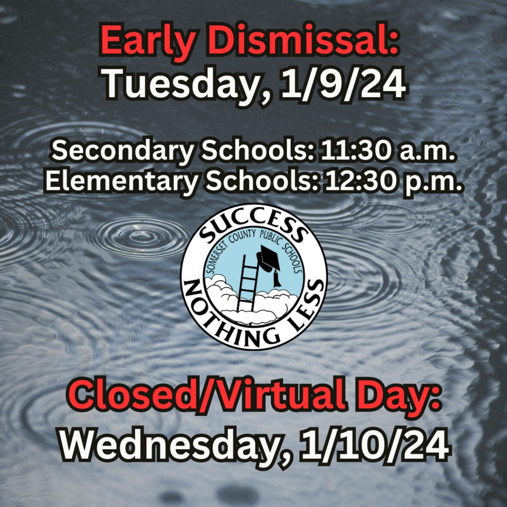Schools will dismiss early today, Tuesday January 9: Secondary at 11:30 a.m. and Elementary at 12:30 p.m. Tomorrow, Wednesday January 10, schools are closed and the day will be converted to an asynchronous virtual school day. The emergency shelter at Washington High School opens at 5:00 PM today. Stay safe, attend to local news & future messages for updates.
