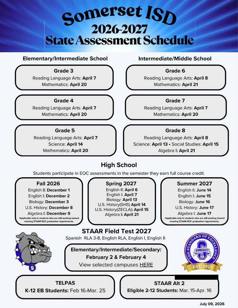 STAAR Testing Dates 2026-27