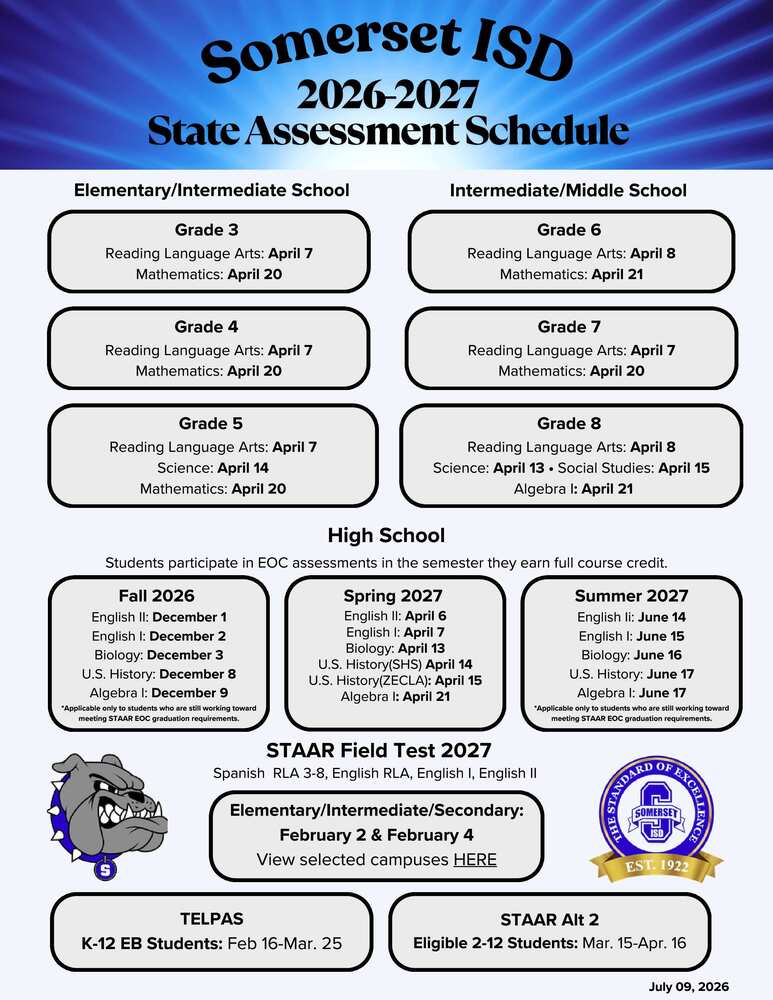 2026–2027 STAAR Assessment Schedule