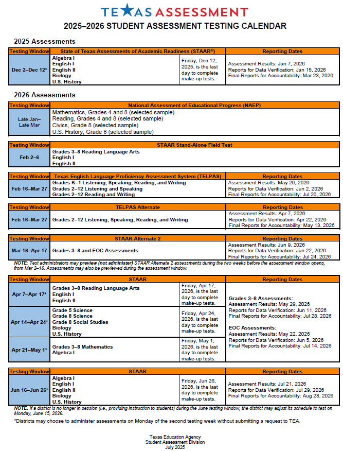 Testing Calendar for 2025-2026