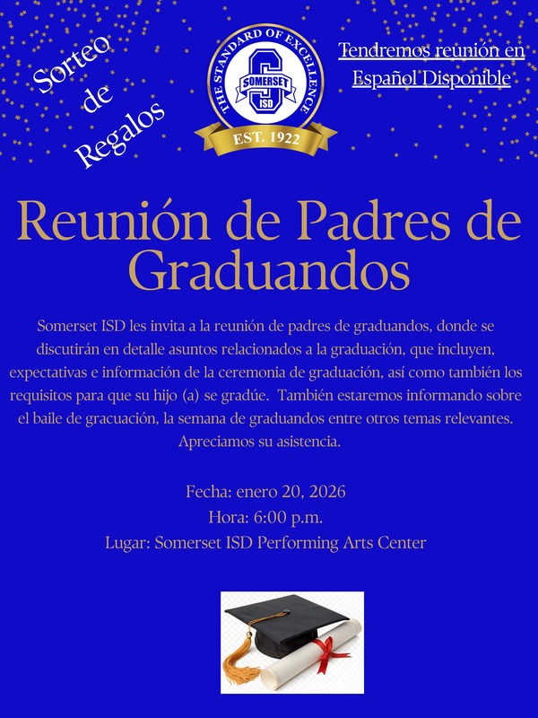 gold text on blue background, graduation cap