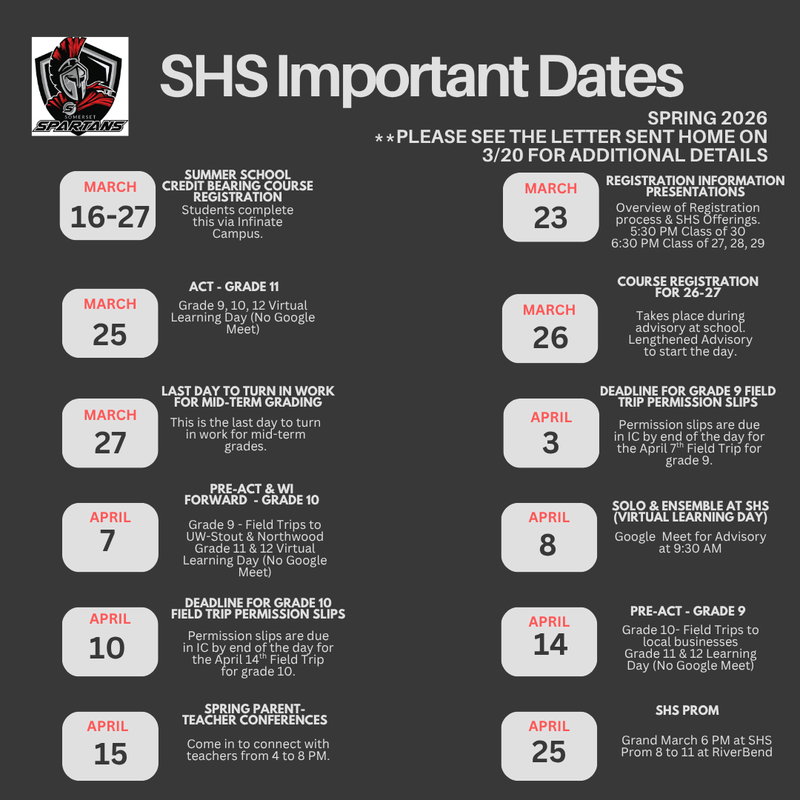 SHS Important Dates - Spring 2026
