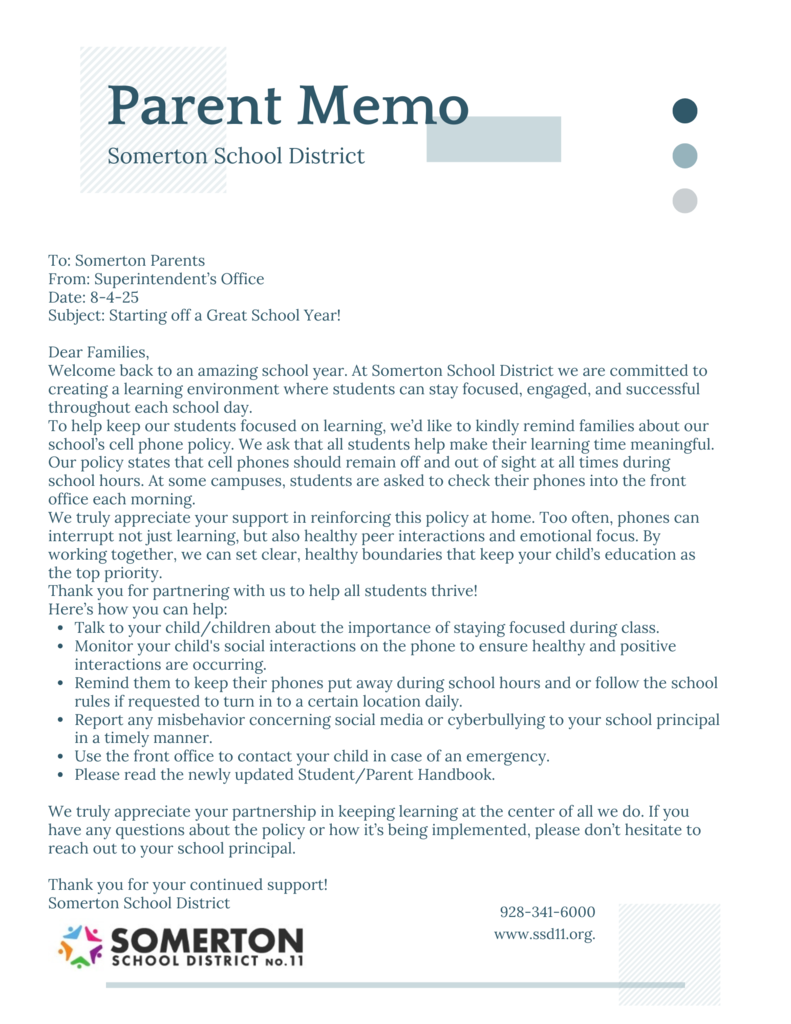 Welcome Back Parent Memo English