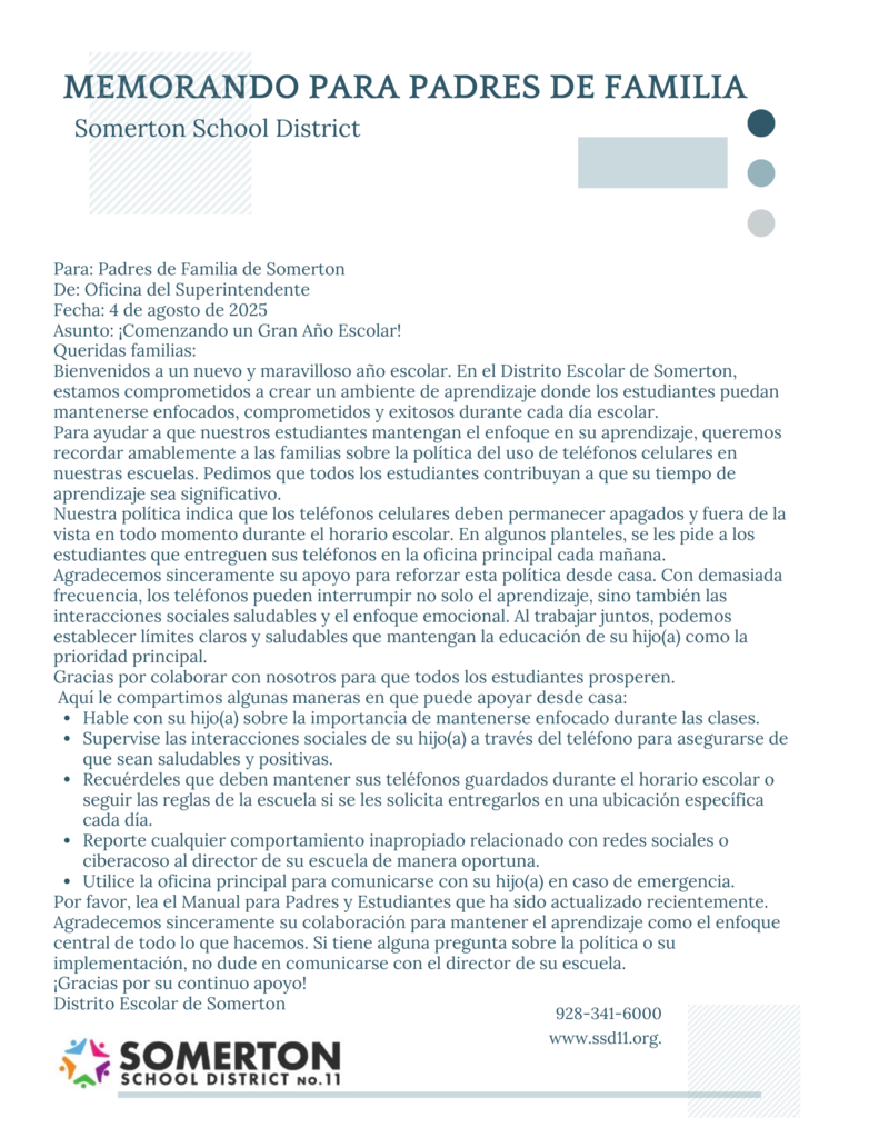 Welcome Back Parent Memo Spanish