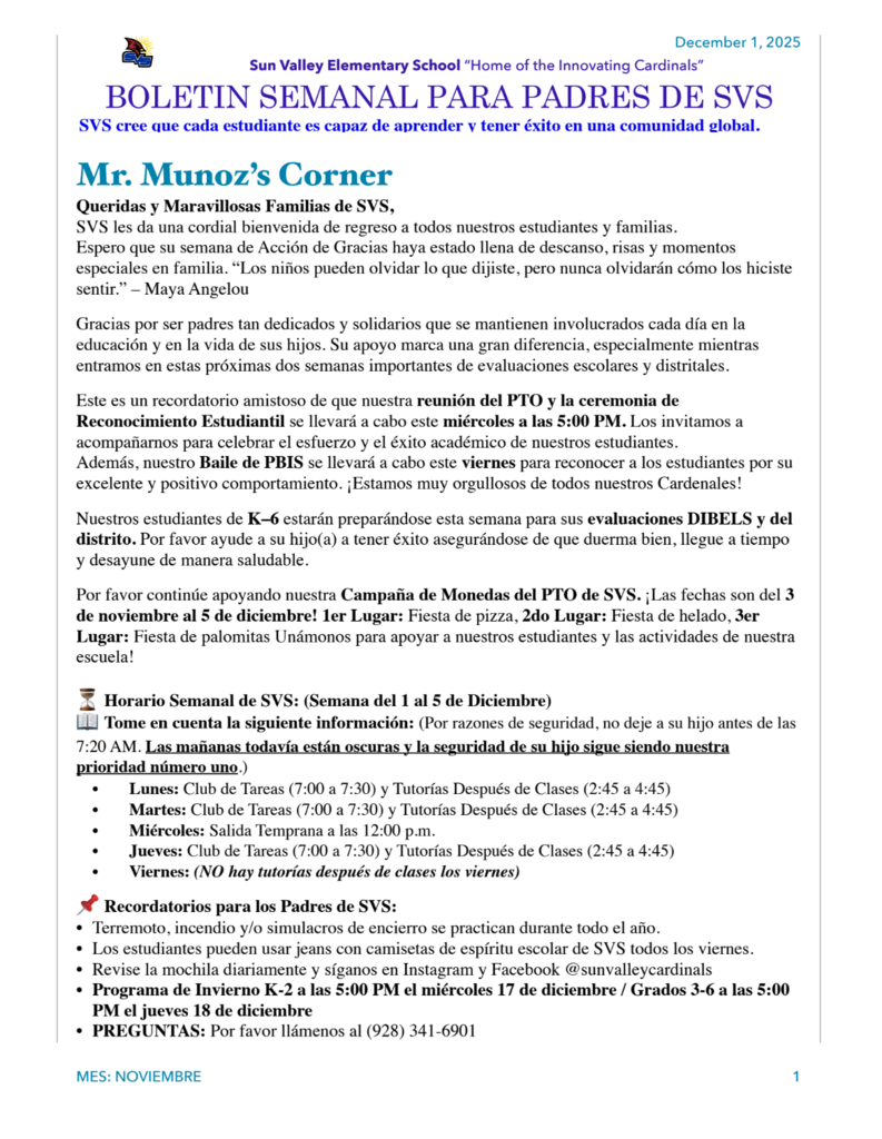 SVS NEWSLETTER  DECEMBER 1ST , 2025