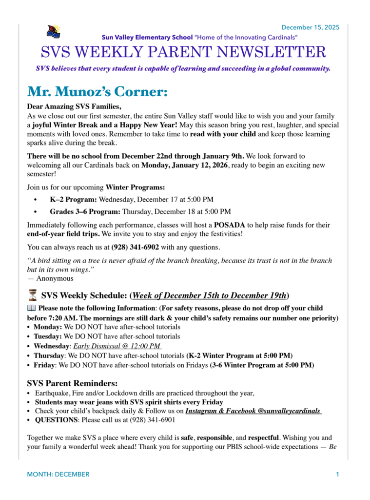 SVS NEWSLETTER  DEC 15 TH 2025