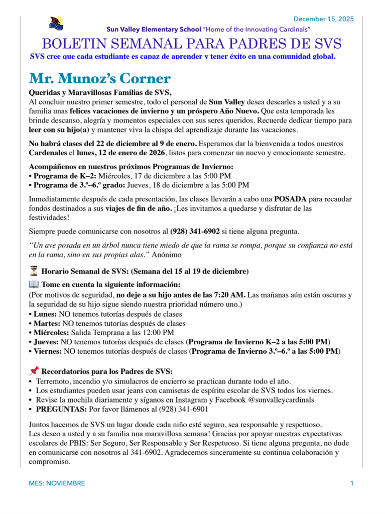 SVS NEWSLETTER  DEC 15 TH 2025