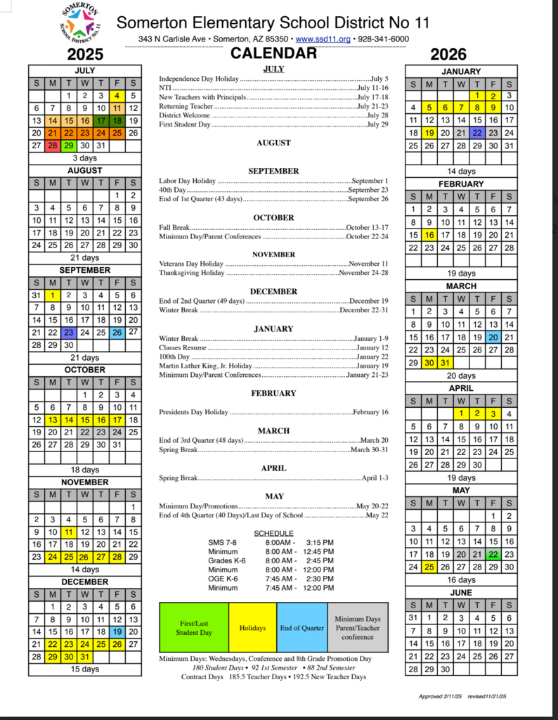 NEW SSD SCHOOL CALENDAR FY 2026