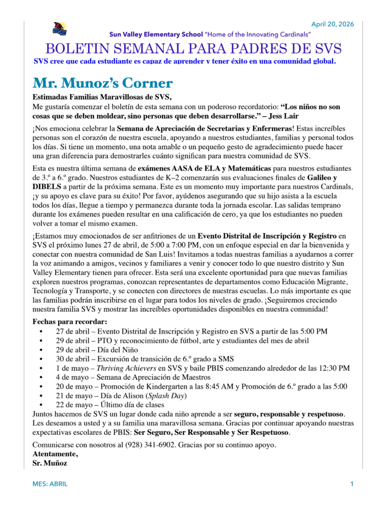 SVS NEWSLETTER APRIL .20TH, 2026