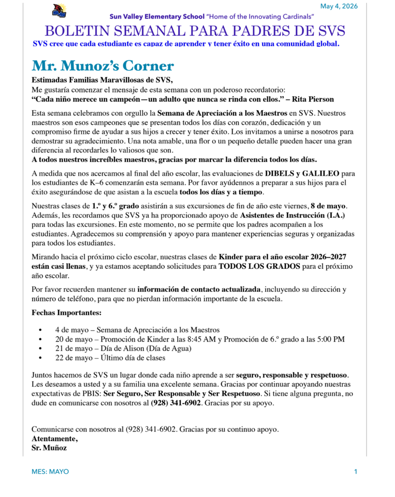 SVS NEWSLETTER May 4th , 2026
