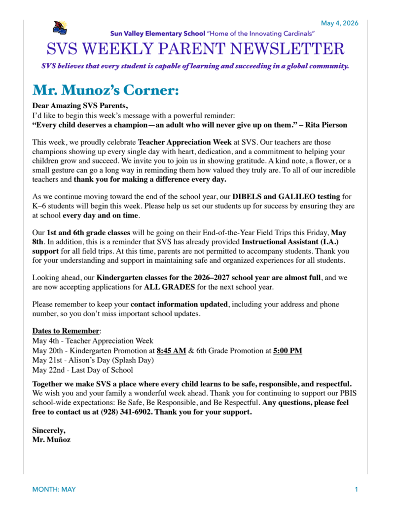 SVS NEWSLETTER May 4th , 2026