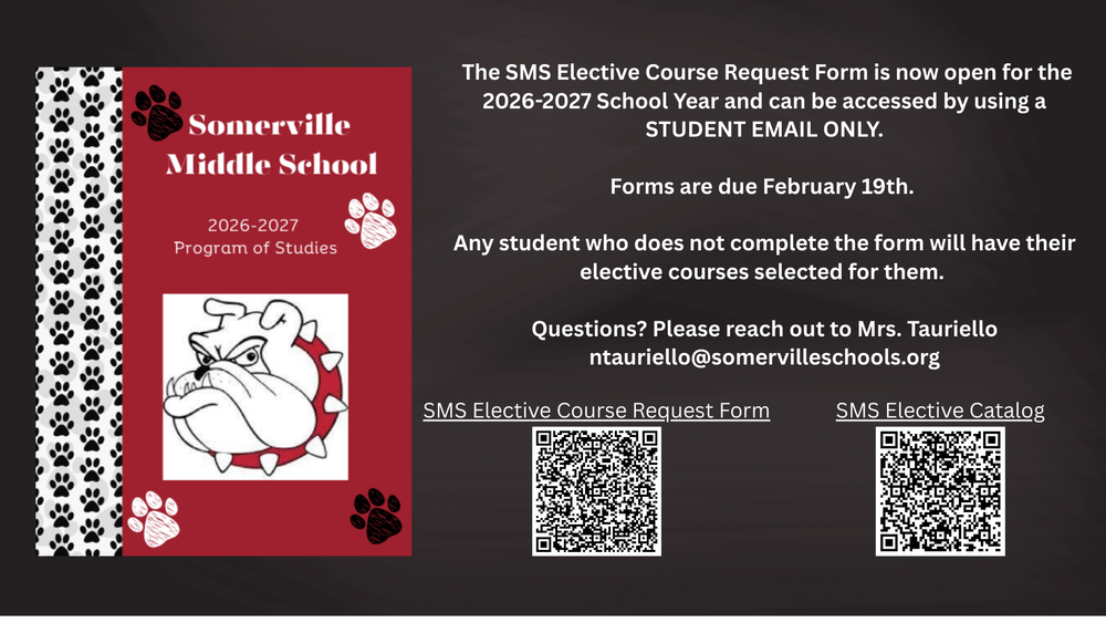 SMS Elective Course Request form and catalog for 2027 now available red background white bulldog head with qr codes to scan