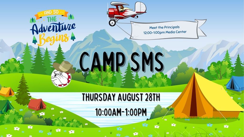 blue background black letters camp SMS Thursday August 28th 10am-1pm