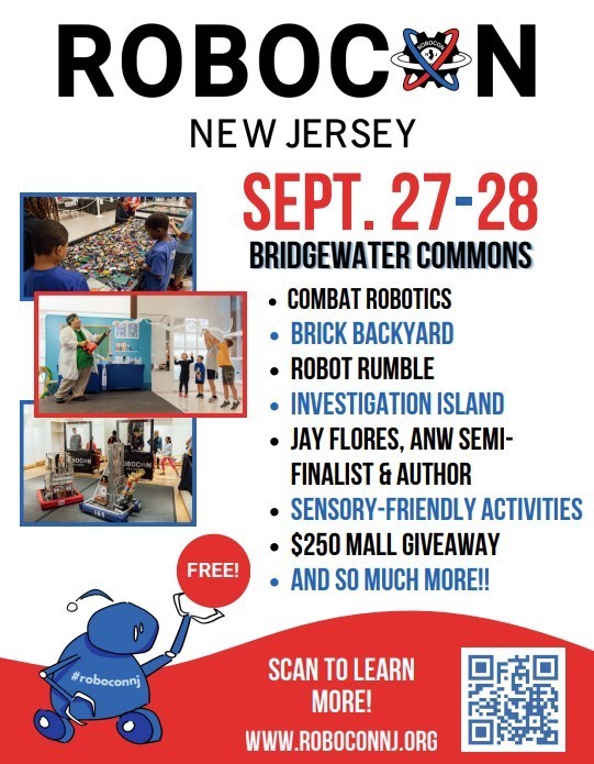 RoboCon NJ Sept 27-28 Bridgewater Commons blue and red qr code