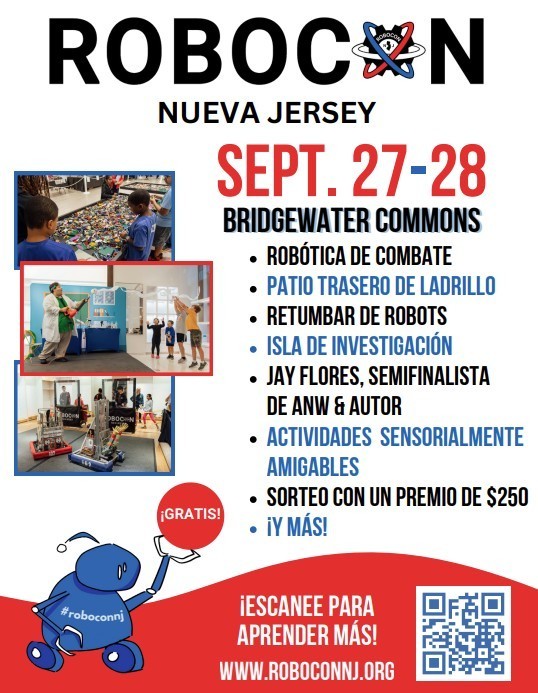 RoboCon NJ Sept 27-28 Bridgewater Commons blue and red qr code