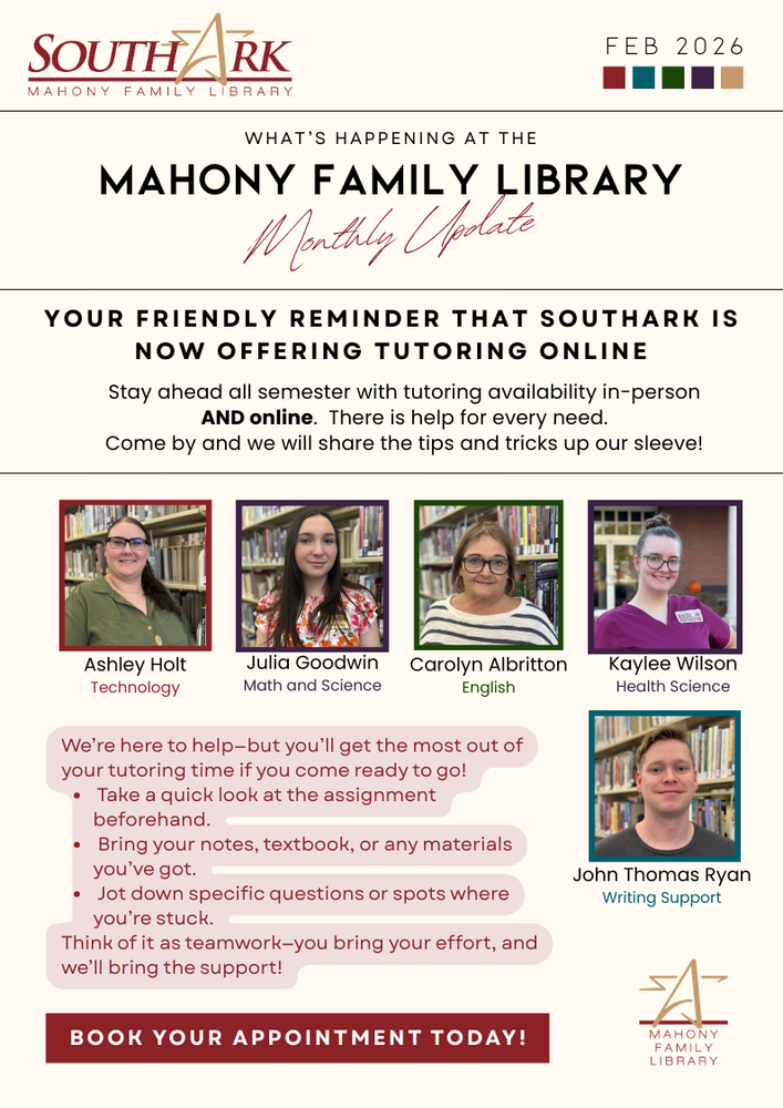 Mahony Family Library Monthly Update for February 2026. Reminder about online tutoring options.