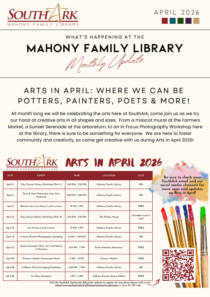 Mahony Library Monthly Update on Arts In April event.  Has a calendar with said events.