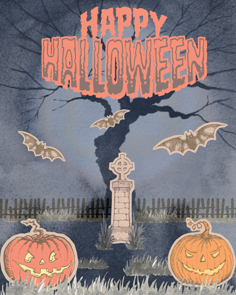 Happy Halloween graphic with tombstone, pumpkins, bats, and spooky tree