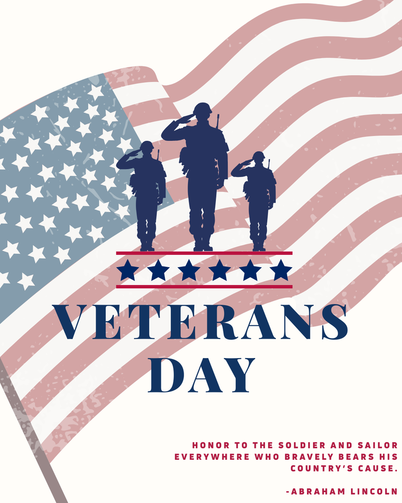 Verterans day graphic with saluting soldiers and flag in the background