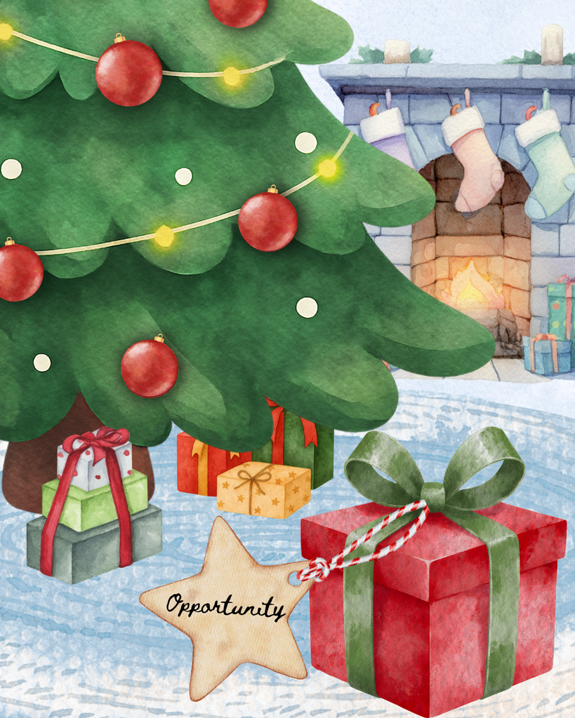 Graphic with gifts, a christmas tree, and a fireplace in the background