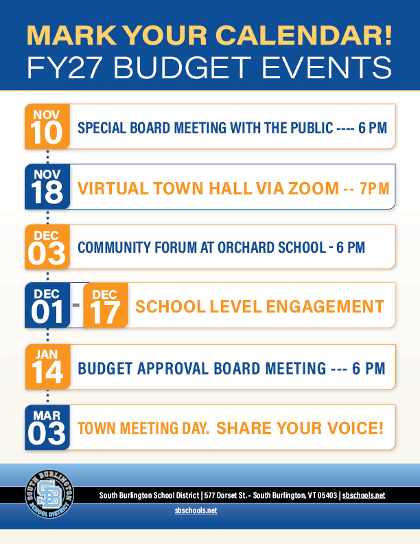 FY 27 South Burlington Budget Events Schedule Document